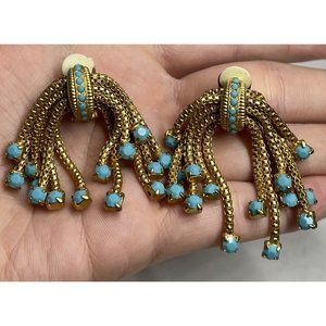 Vintage Gold Tone Blue Accent Dangle Chain Clip-On Fashion Earrings 1960s